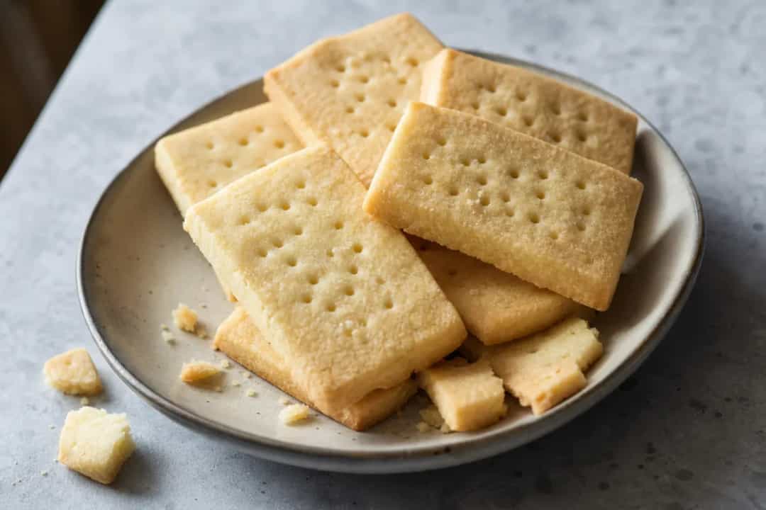 Golden-brown Scottish shortbread pieces on a decorative plate, crumbly texture.