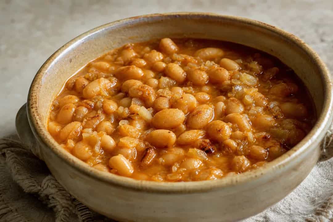 Creamy baked Balkan beans topped with caramelized onions and paprika.