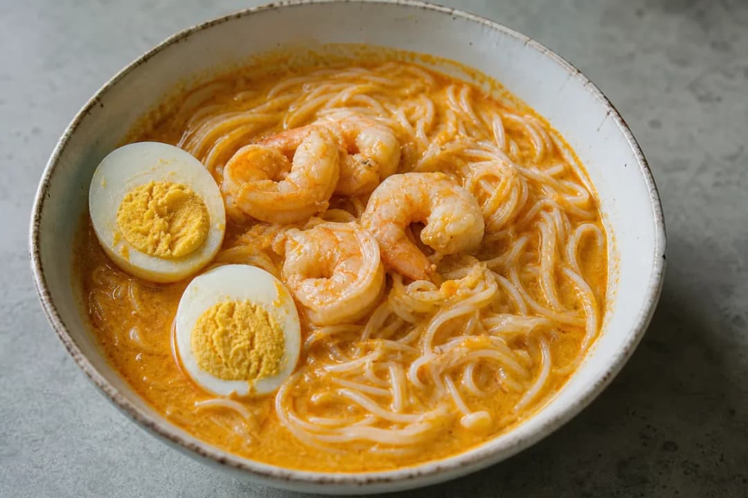 Authentic Singapore Laksa Noodle Soup with Rich Coconut Curry