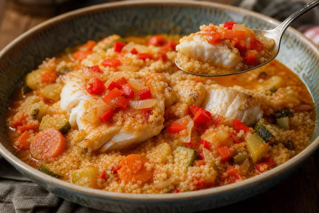 Plated Tunisian fish couscous with vibrant vegetables and herbs, garnished beautifully.
