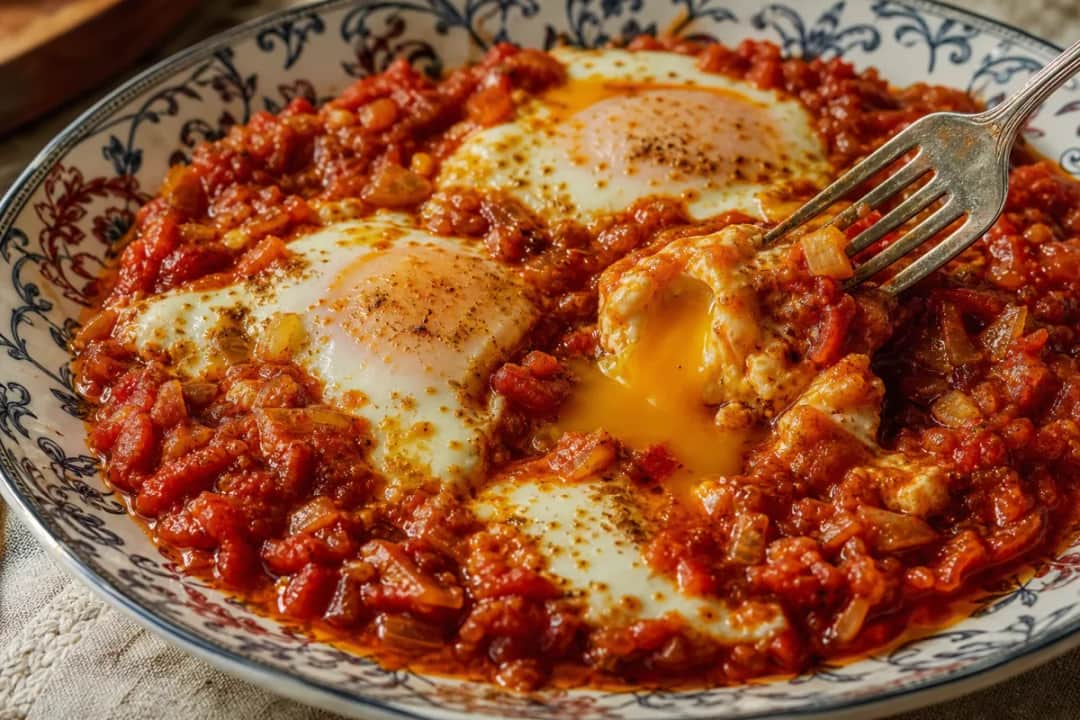 Plated shakshuka with spiced tomato sauce, runny eggs, and herbs on top.
