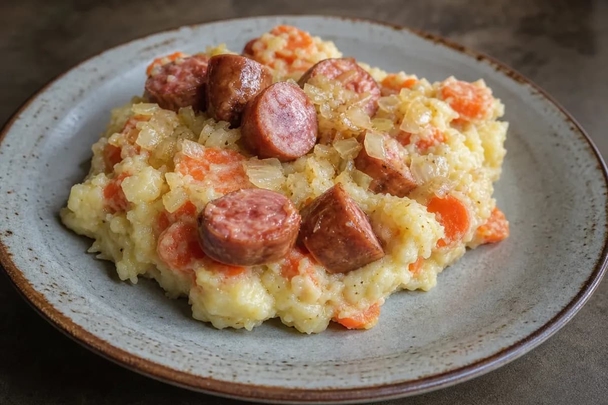 Creamy mashed potatoes and carrots with sliced sausage in a bowl, garnished with herbs.