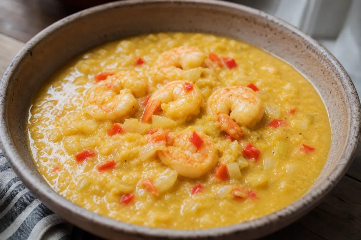 A creamy shrimp stew served in a bowl, garnished with cilantro and accompanied by rice.