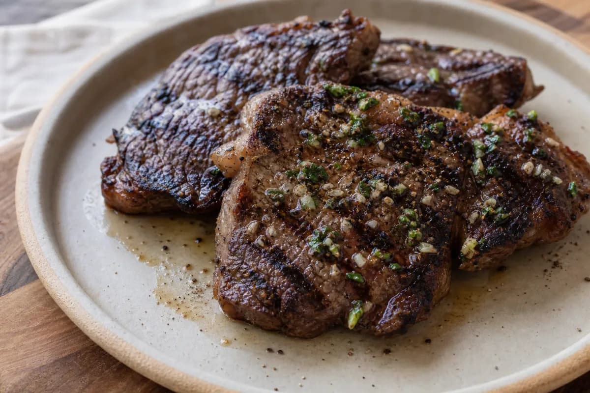 Juicy grilled churrasco steak garnished with garlic and rock salt, beautifully plated with a side of fresh herbs.