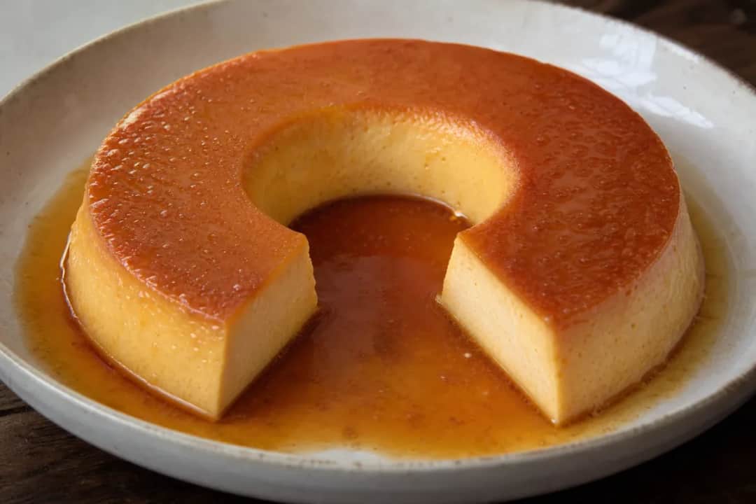 Smooth and creamy caramel flan topped with golden caramel sauce, served in a round dish.