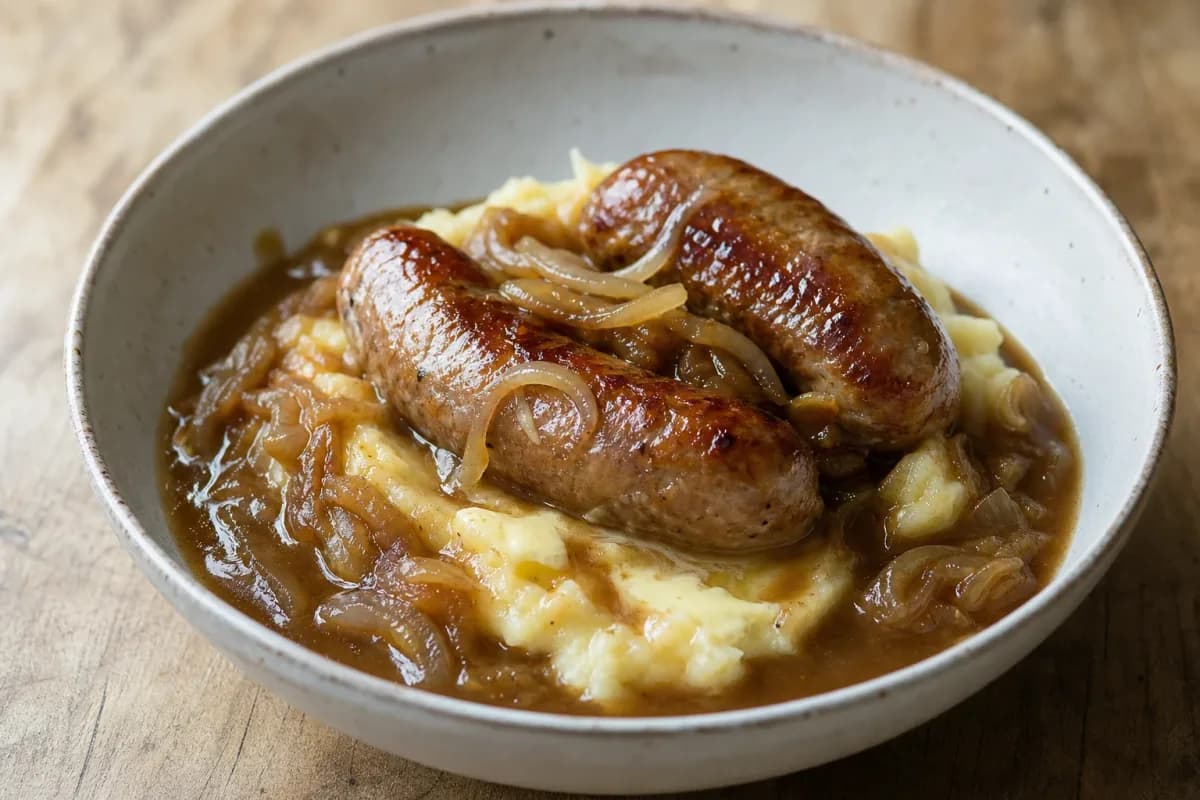 Creamy mashed potatoes topped with savory sausages and rich onion gravy, garnished with parsley.