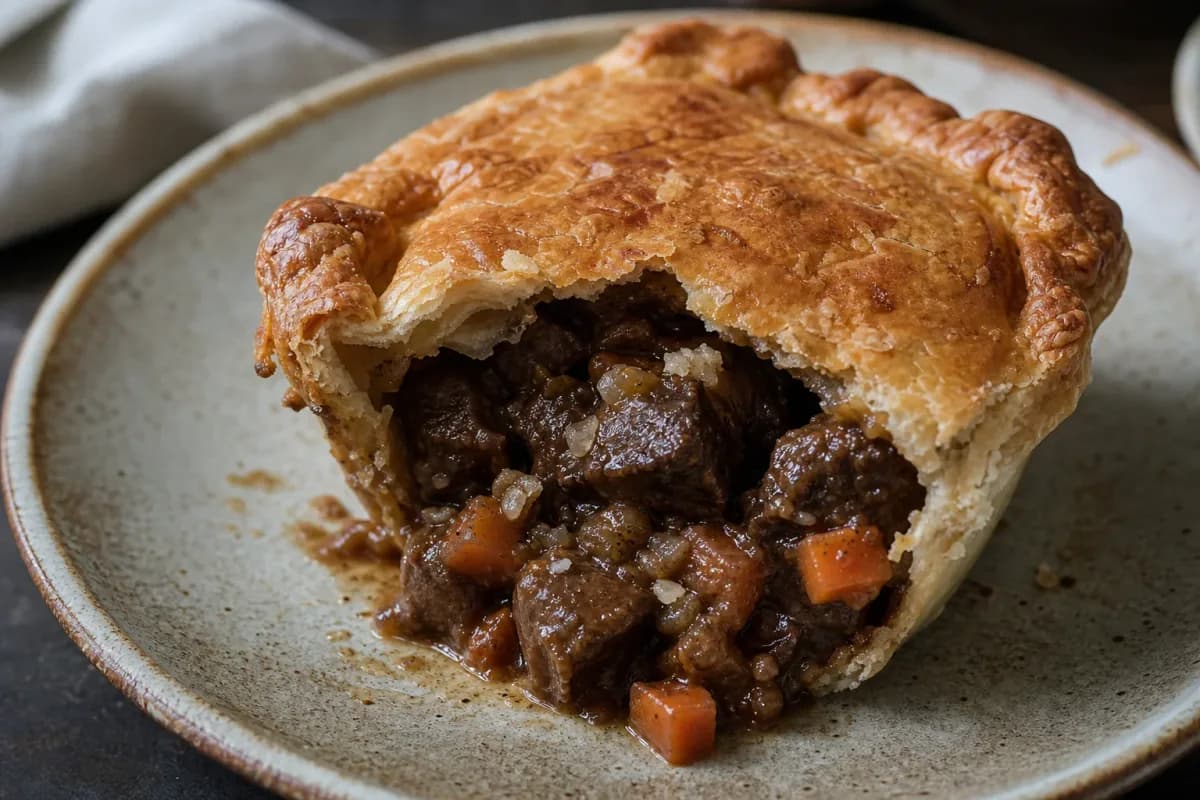 Golden flaky pastry pie filled with tender beef and rich ale gravy, garnished with herbs.