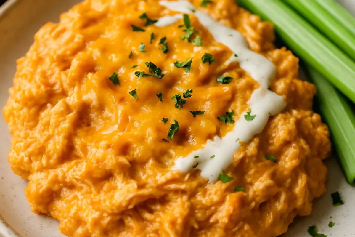 Creamy buffalo chicken dip topped with melted cheddar and garnished with green onions, served in a bowl.