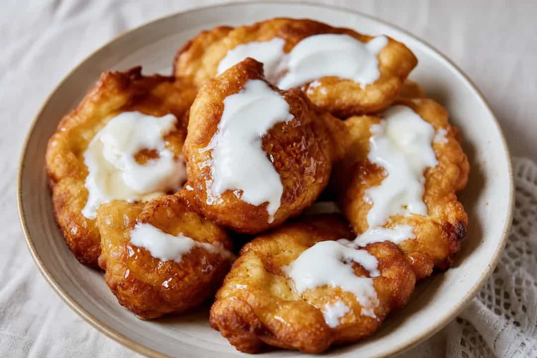 Golden-brown fried dough pastries topped with yogurt and honey drizzle, served on a plate.