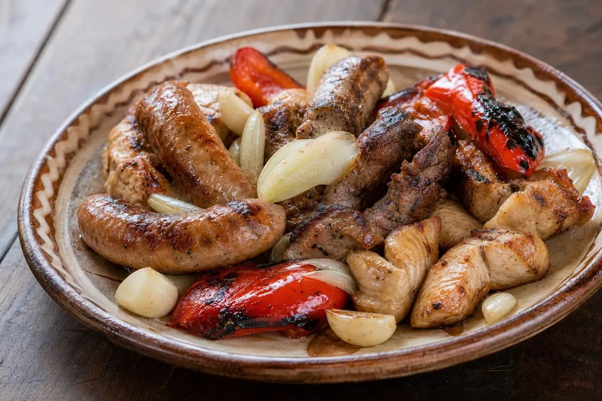 A vibrant platter of assorted grilled meats including sausages and kebabs, garnished with fresh vegetables.