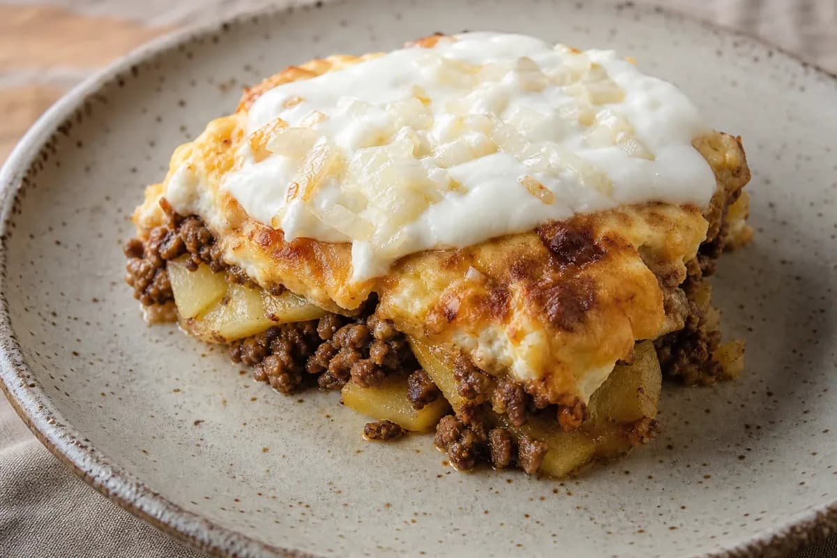 Bulgarian Moussaka with Potatoes and Creamy Yogurt Topping