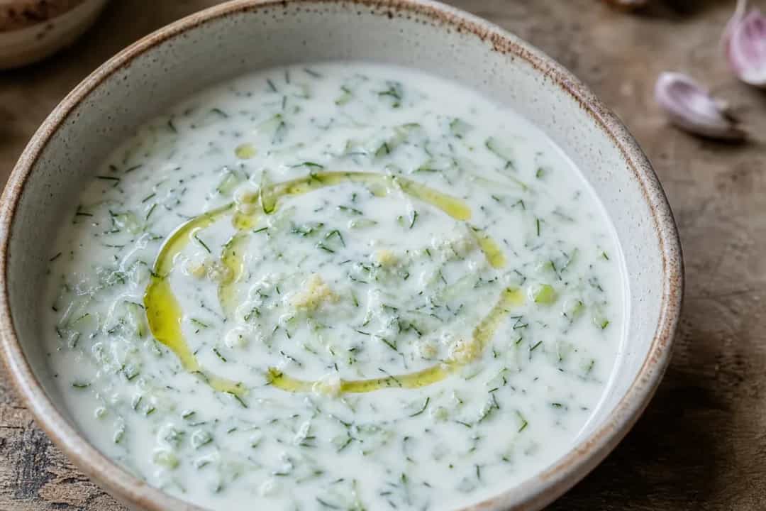 Chilled soup with creamy yogurt, diced cucumbers, and fresh dill garnish in a bowl.