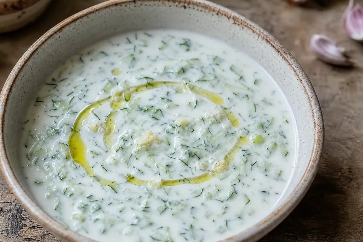 Chilled soup with creamy yogurt, diced cucumbers, and fresh dill garnish in a bowl.