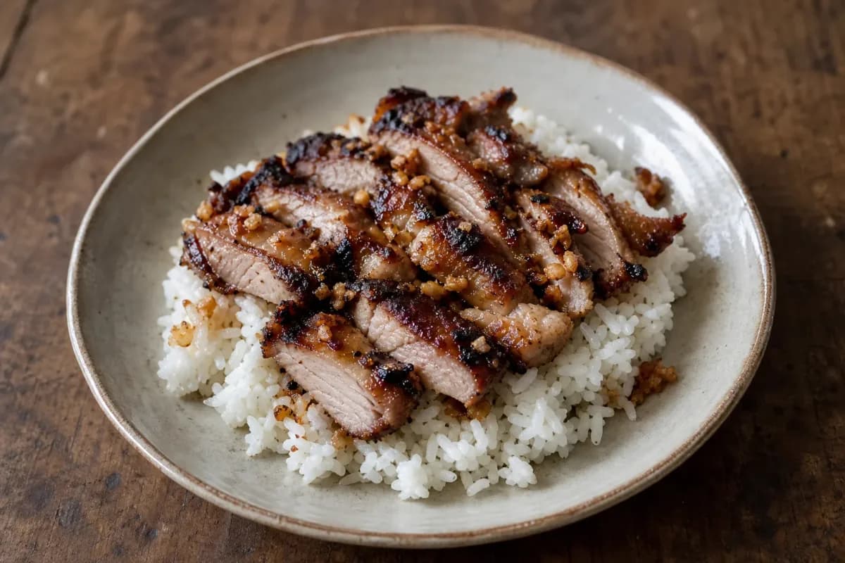 Grilled pork slices atop jasmine rice with pickled vegetables and herbs, beautifully plated.
