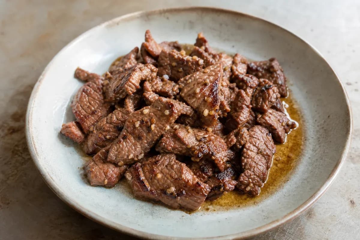 Tender beef slices garnished with fresh herbs and served with lime wedges on a plate