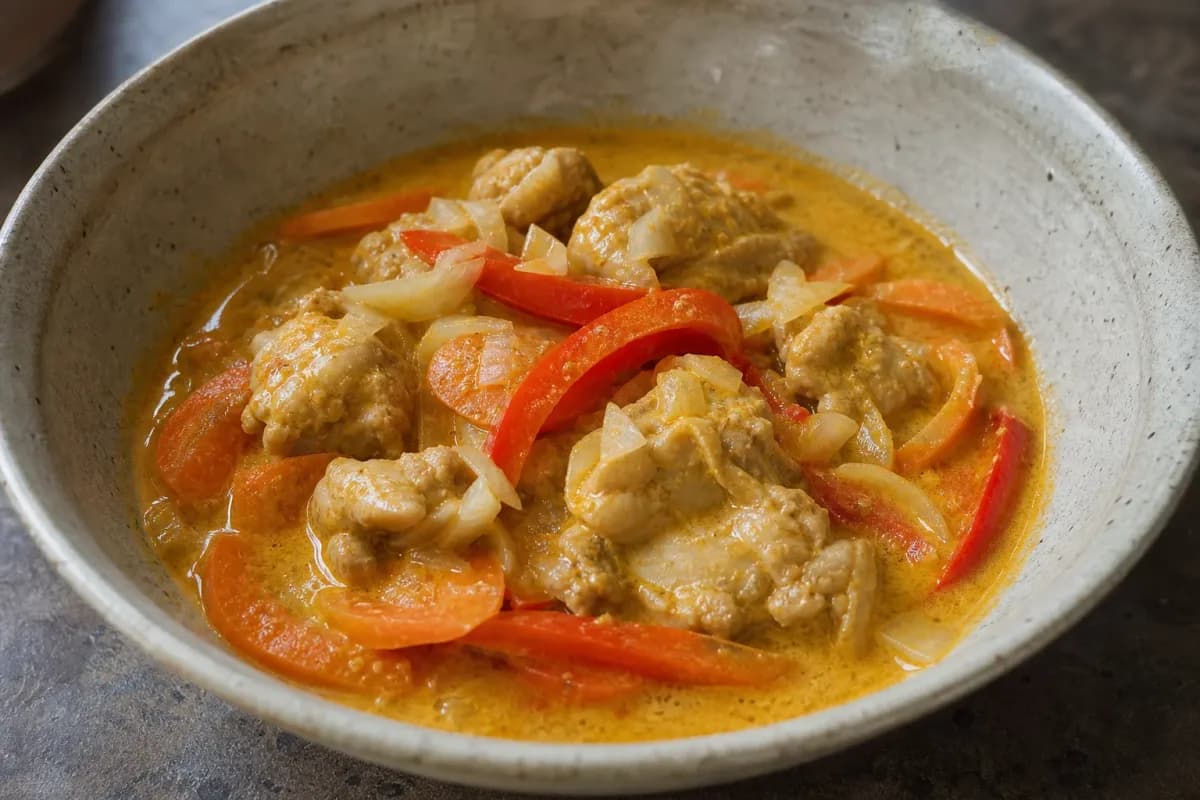 A bowl of Cambodian Chicken Samlor Kari featuring tender chicken, vibrant vegetables, and a creamy coconut curry sauce.