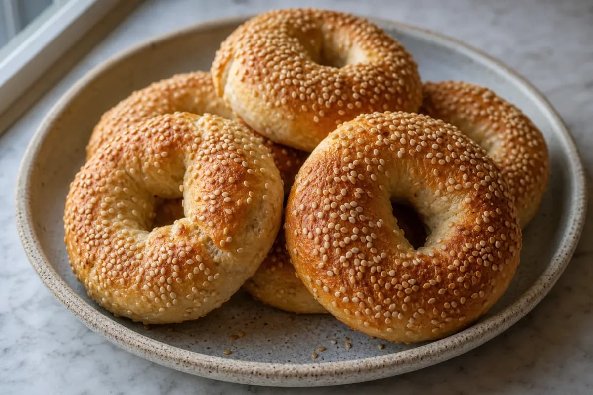 Golden brown Montreal-style bagels topped with sesame seeds, served on a wooden board.