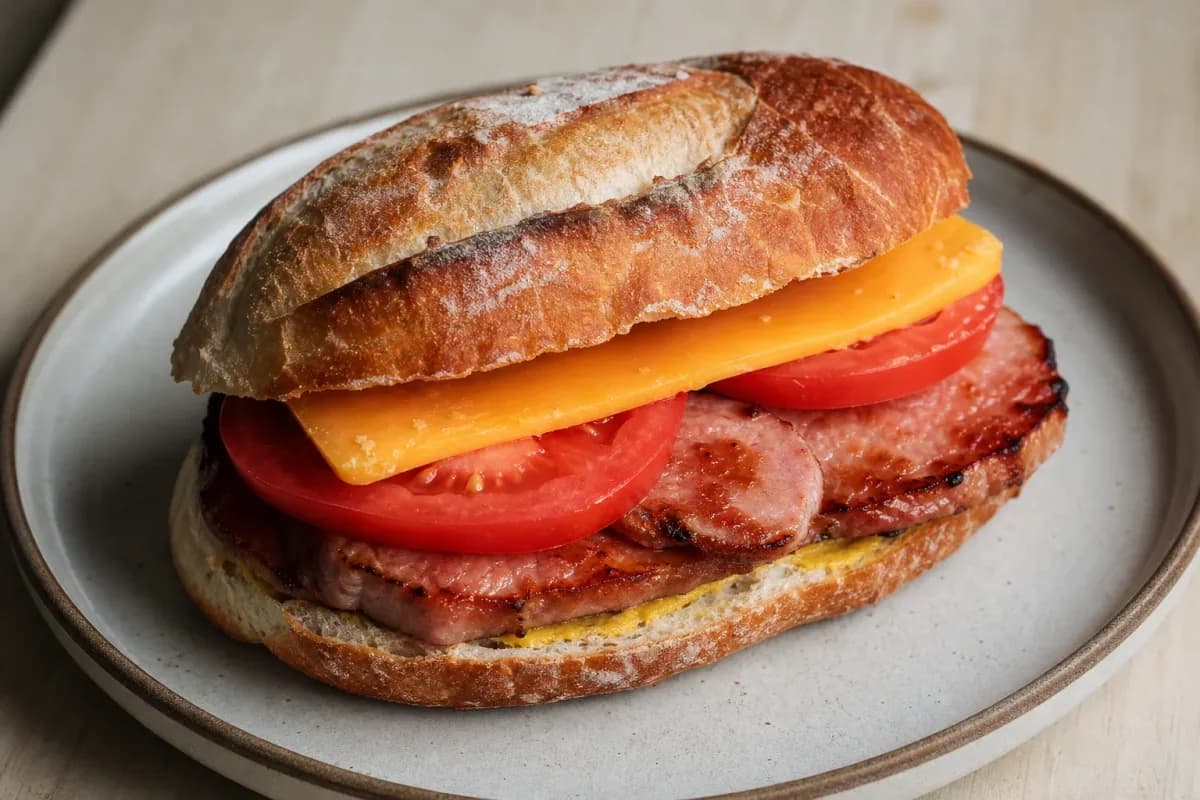 A hearty sandwich with golden peameal bacon, mustard, and fresh lettuce on crusty bread, garnished with pickles.