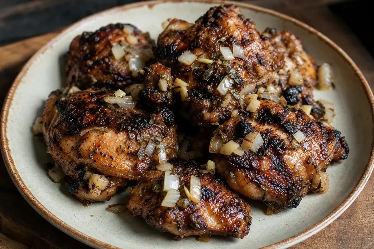 Grilled jerk chicken served with fresh herbs, showcasing its spicy marinade and crispy skin.