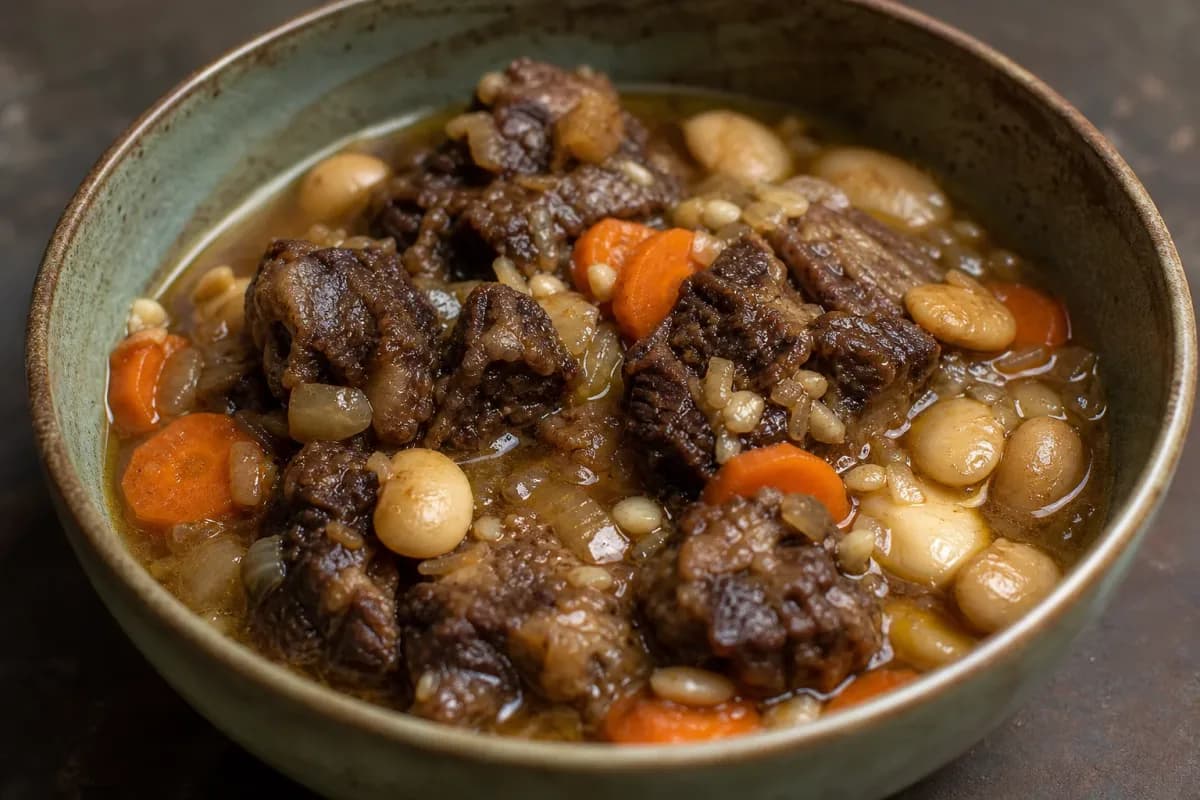 A rich Jamaican oxtail stew with tender meat, butter beans, and colorful vegetables garnished in a bowl.