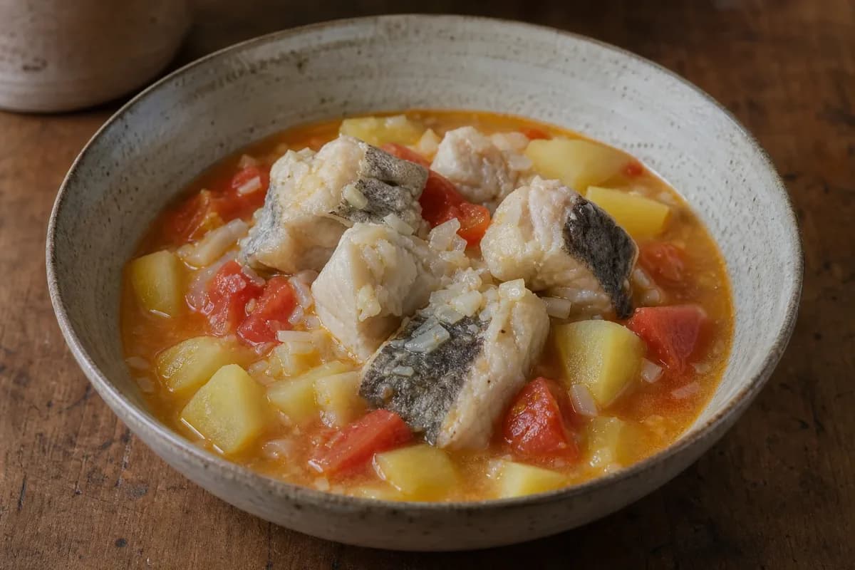A hearty bowl of Caldillo de Congrio featuring tender fish, diced tomatoes, and chunks of potatoes in a rich broth.