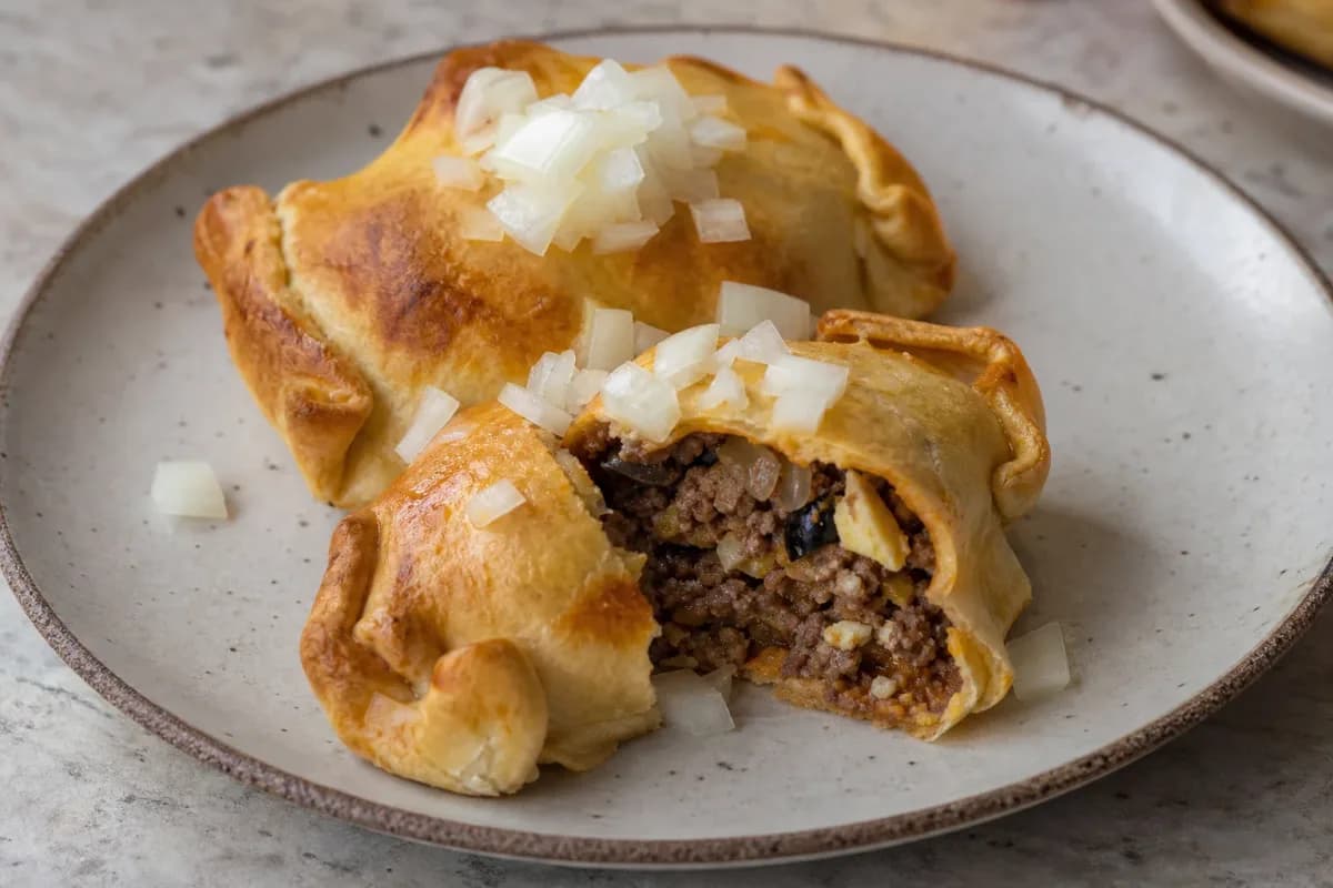 Golden-brown empanadas filled with beef, onions, and olives, arranged on a plate.