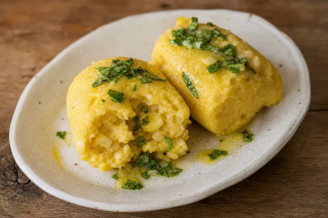 Plated chilean humitas showcasing a golden corn cake topped with fresh basil and corn kernels.