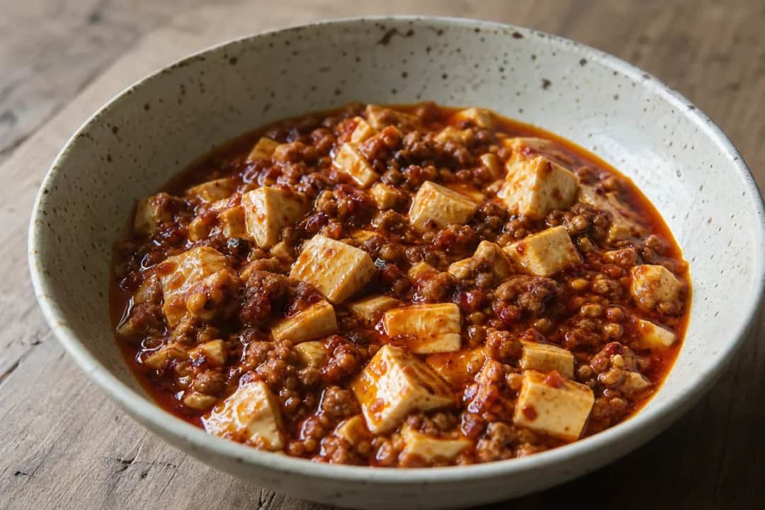 Plate of Mapo Tofu garnished with green onions and served with rice, showcasing soft tofu and rich sauce.