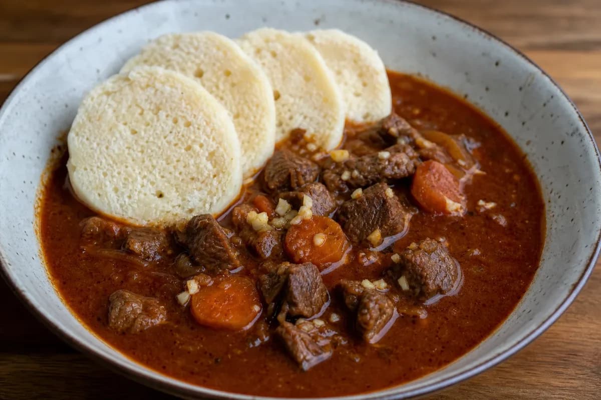 Rich beef goulash with a glossy sauce, accompanied by fluffy bread dumplings on a rustic plate.