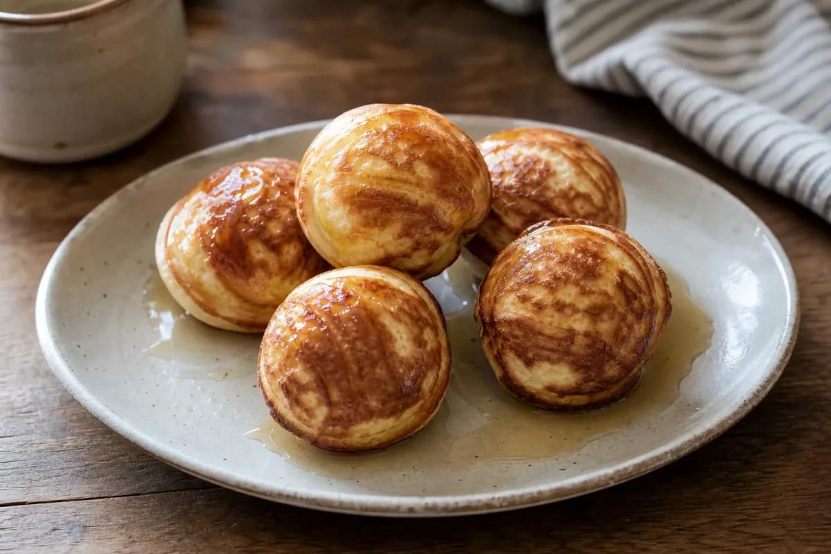 Golden brown æbleskiver pancake balls dusted with powdered sugar and served with maple syrup.