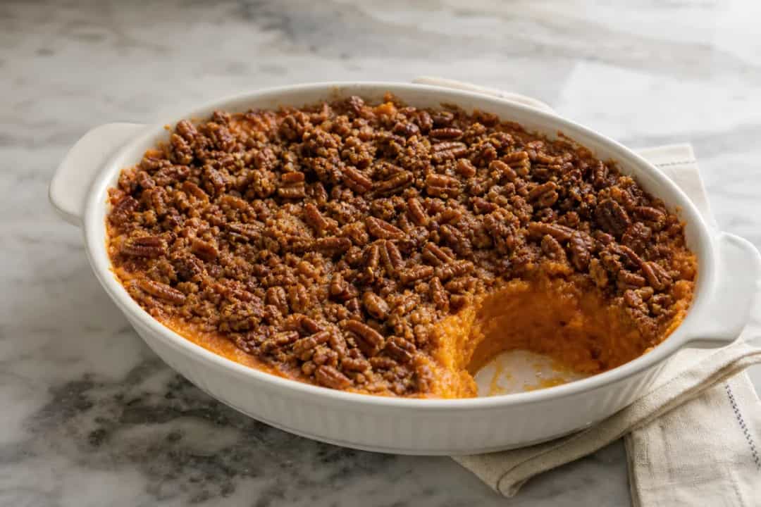 Rich, creamy sweet potato casserole topped with crunchy pecans, beautifully baked and golden.