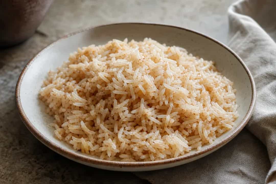 Creamy coconut rice topped with grated coconut and spices, served in a bowl.