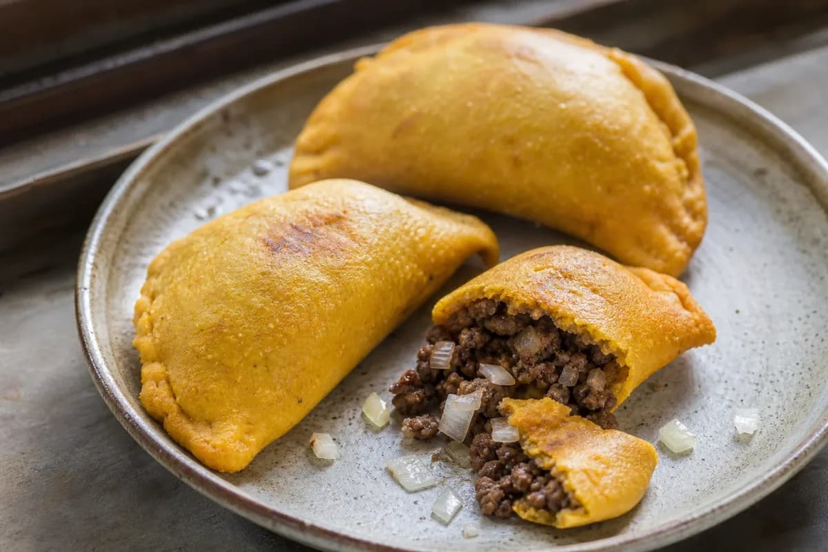Golden-brown empanadas filled with seasoned beef, garnished and served on a plate.