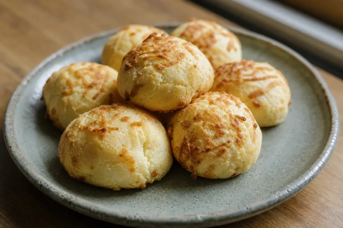 Golden-brown pandebono cheese bread with a crispy exterior, served on a rustic plate.
