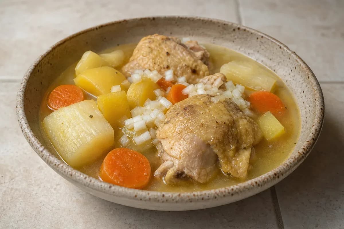 A bowl of sancocho de pollo filled with chicken, potatoes, and yuca in a savory broth.