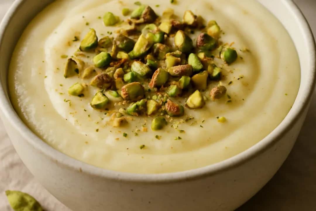 Creamy Firnee Milk Pudding with Cardamom and Pistachios — dessert recipe, beautifully plated and ready to serve