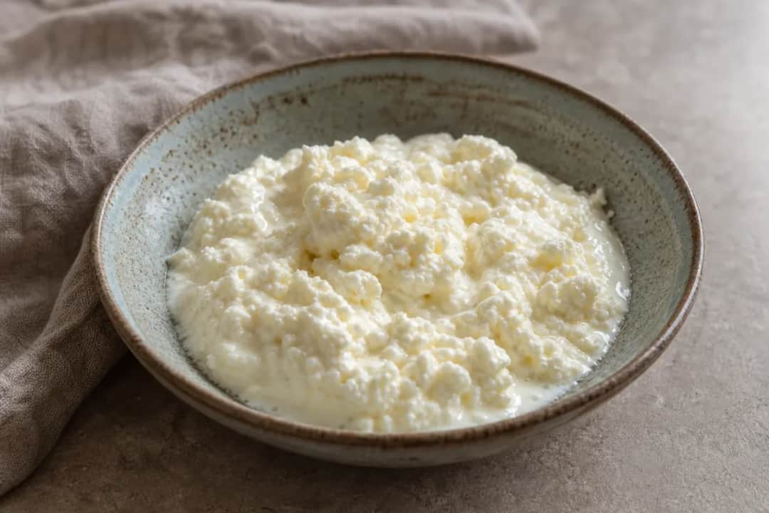A creamy layered dessert featuring fresh cheese and a sprinkle of sugar, elegantly presented in a glass dish.