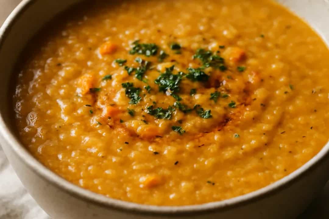 Creamy Red Lentil Soup with Turkish Spices — vegan recipe, beautifully plated and ready to serve