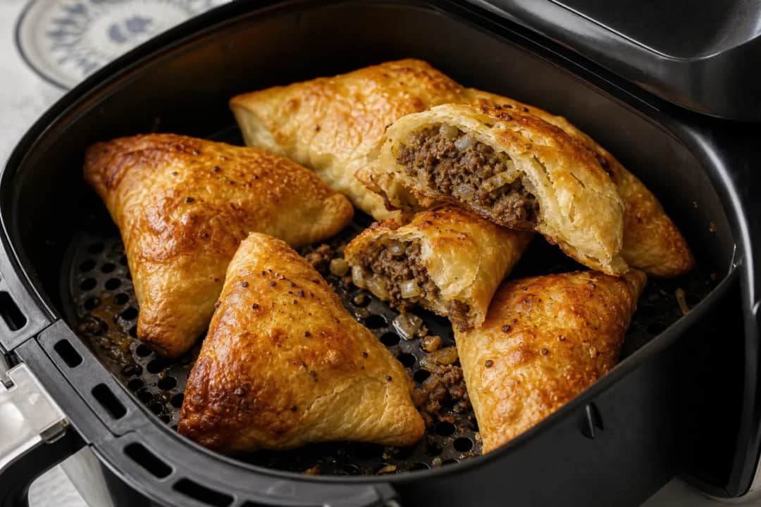 Golden crispy Uzbek beef samsa with flaky pastry and savory filling, plated on a rustic surface.