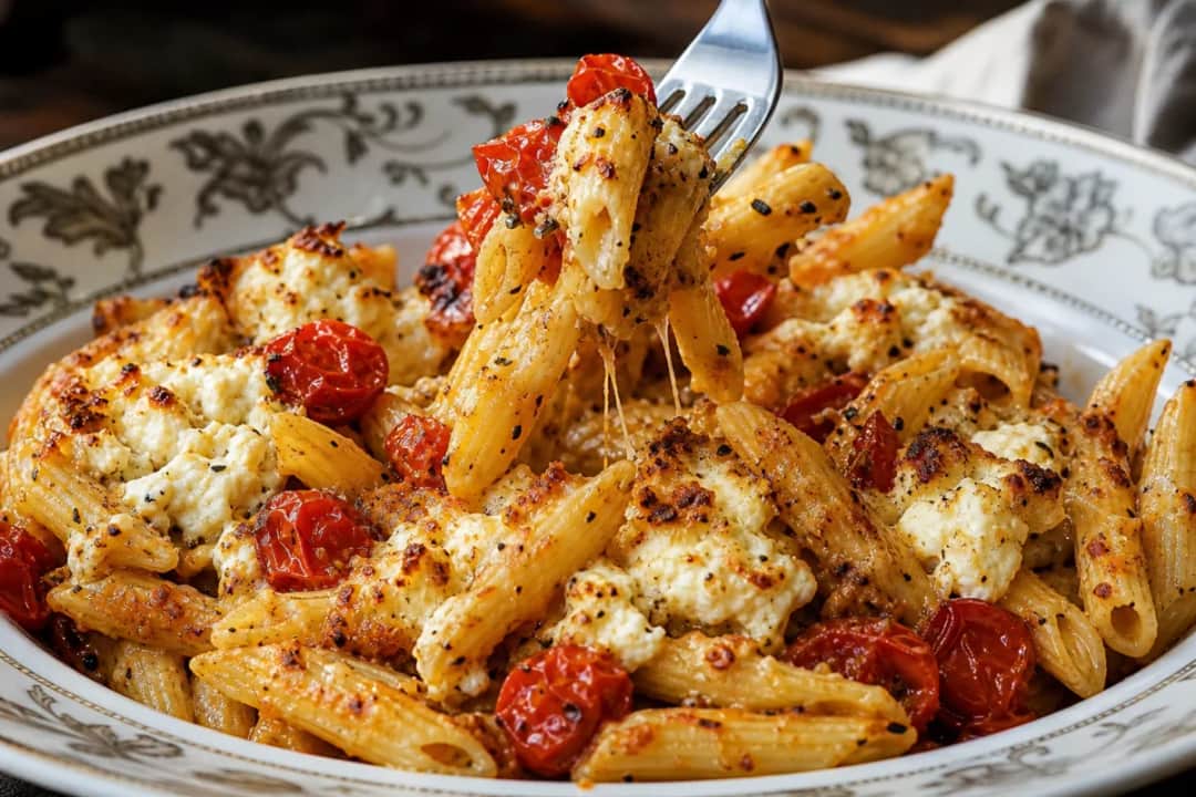 Creamy pasta with crispy feta, roasted tomatoes, and fresh herbs drizzled on top.