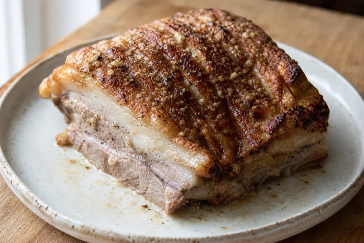 Golden brown roasted pork with crispy crackling, garnished with herbs.