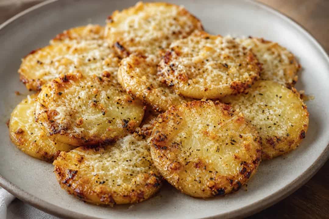 Golden crispy potato steaks topped with garlic and parmesan, garnished with fresh herbs.