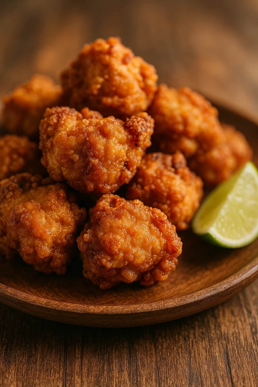 Close-up of authentic Asian Crispy Japanese Chicken Karaage Made Easy in Air Fryer, inside an open air fryer basket with crispy golden browning (dinner recipe)