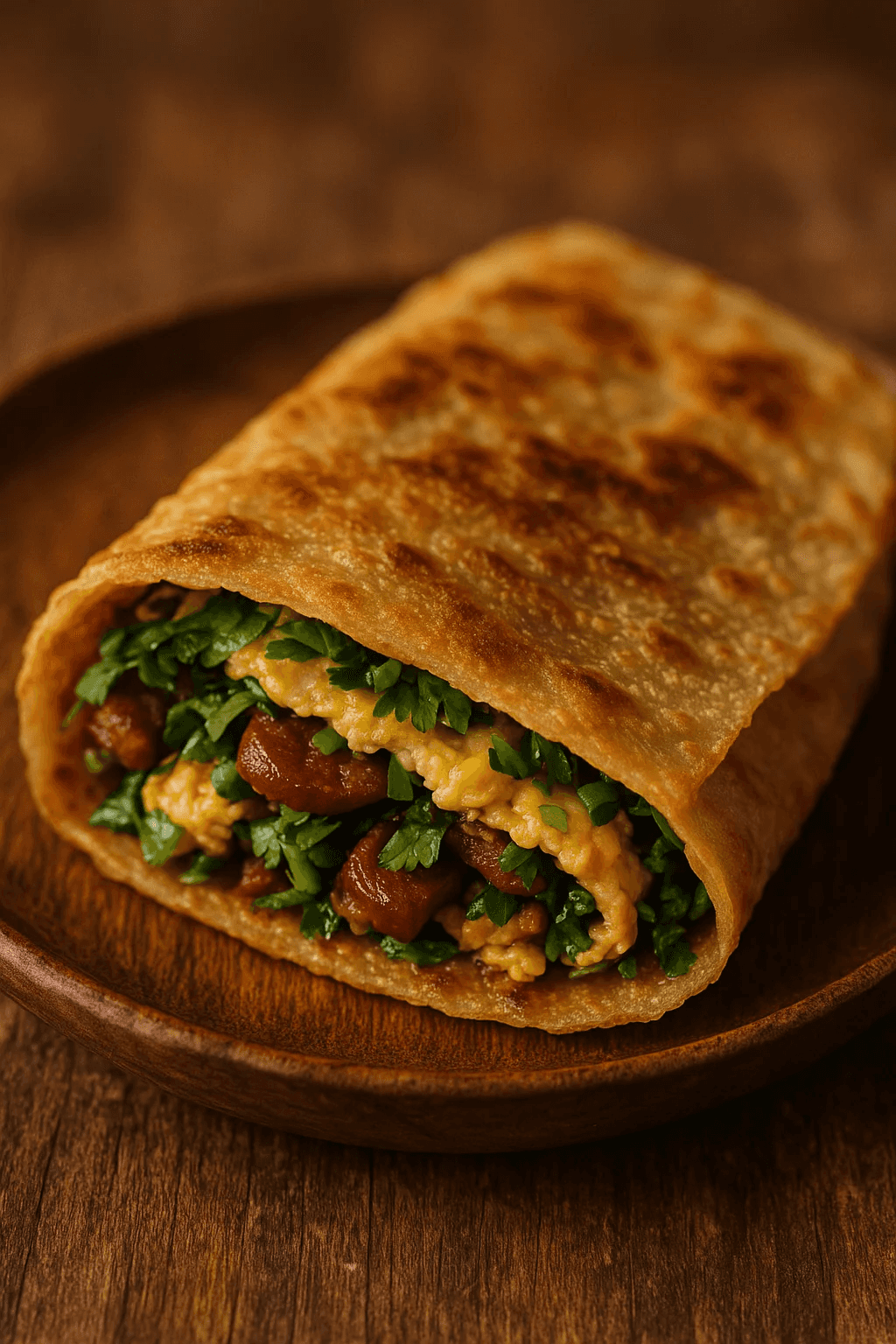 Close-up of Crispy Jian Bing Pancake with Savory Filling Recipe, plated dish with natural food texture (dinner recipe)