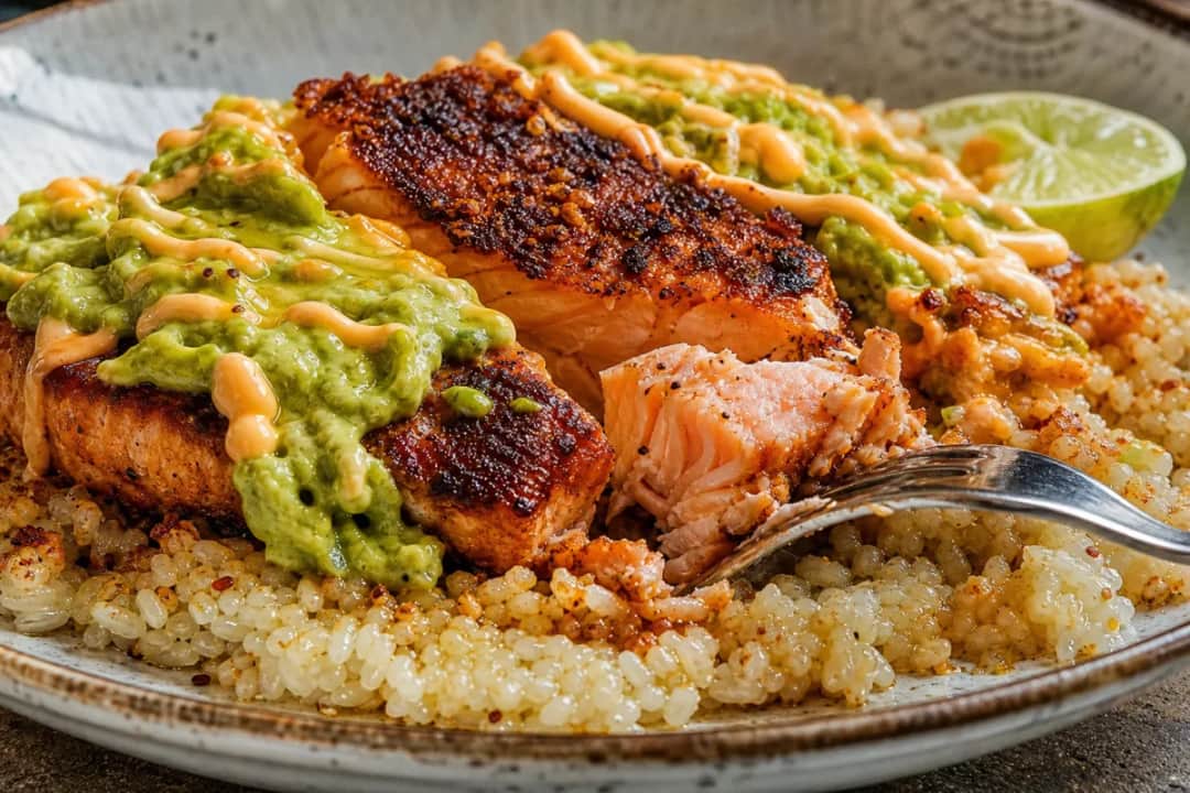 Plated crispy rice cakes topped with spicy salmon and creamy avocado sauce