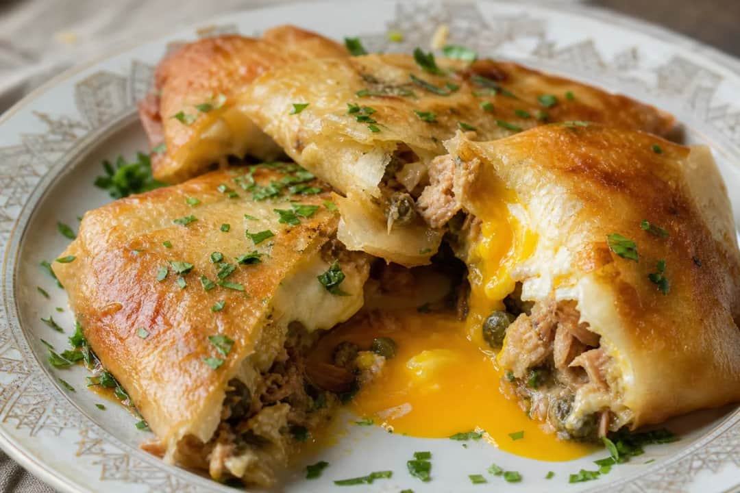 Crispy Tunisian brik filled with egg and tuna, served golden brown on a plate.