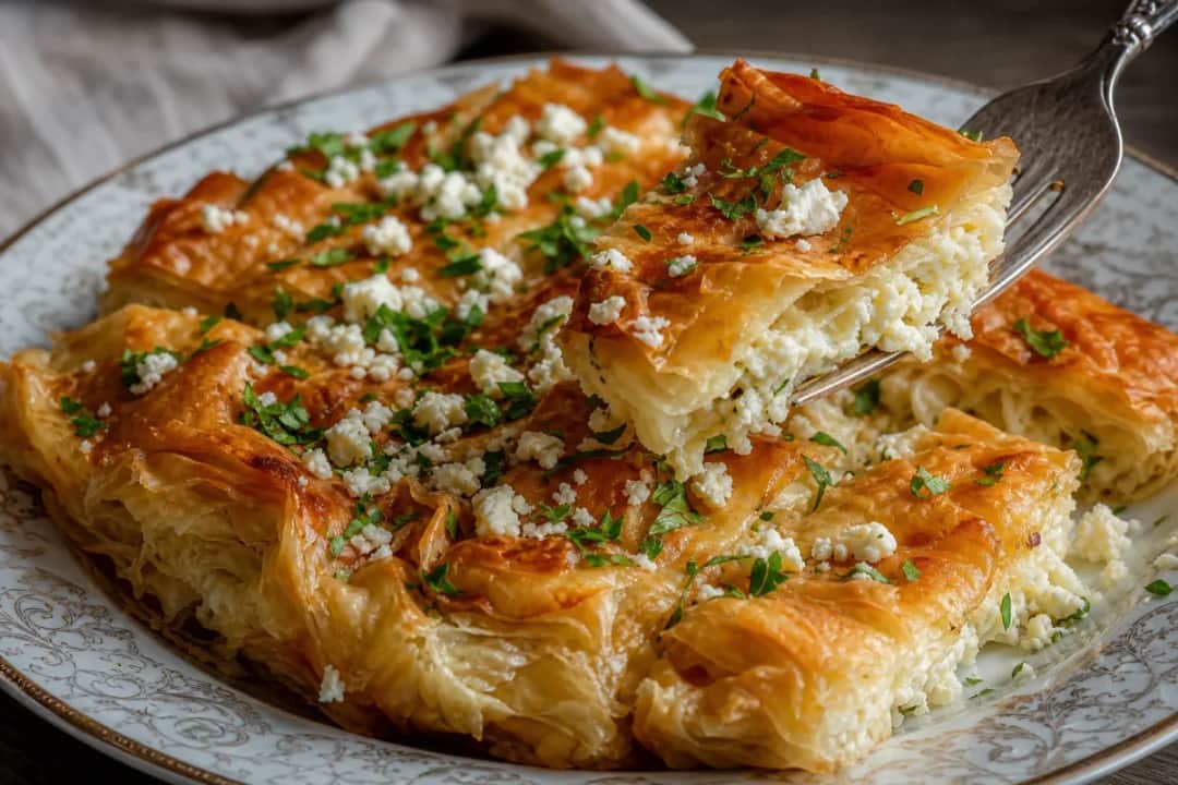 Crispy Turkish Su Böreği with golden flaky layers and cheese filling