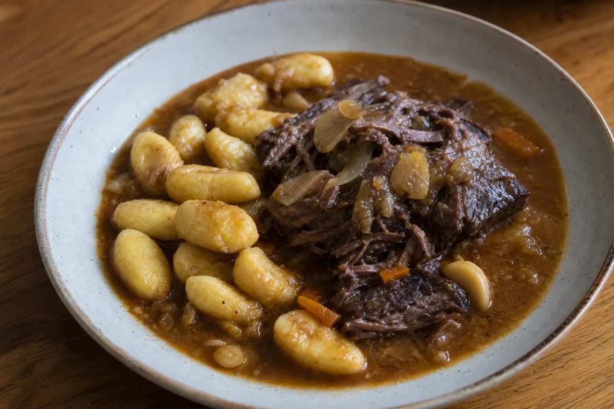 Tender beef simmered in rich red wine sauce, served with soft gnocchi and garnished with herbs.