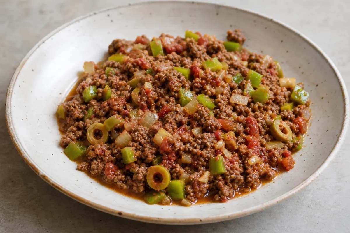 A vibrant plate of Cuban Picadillo featuring ground beef, olives, and raisins garnished with fresh herbs.