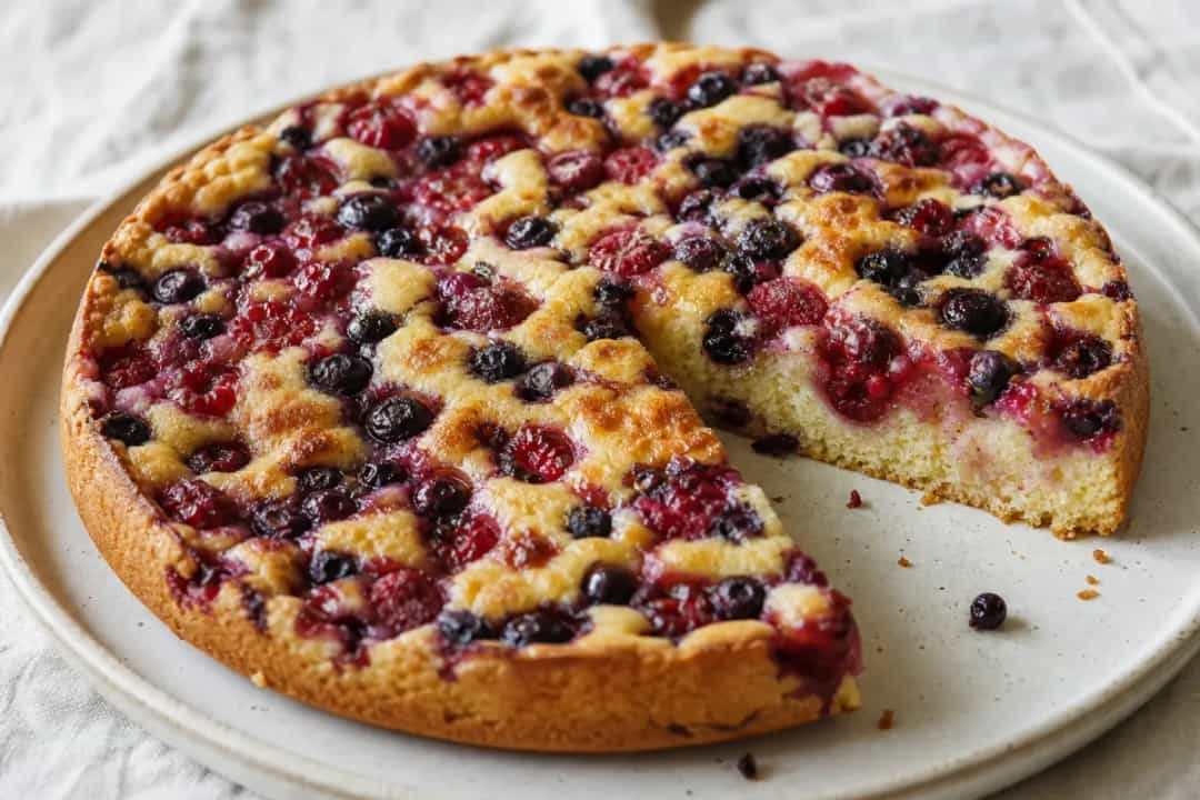 Czech Bublanina fruit cake topped with colorful fresh berries, golden crust, and soft texture.